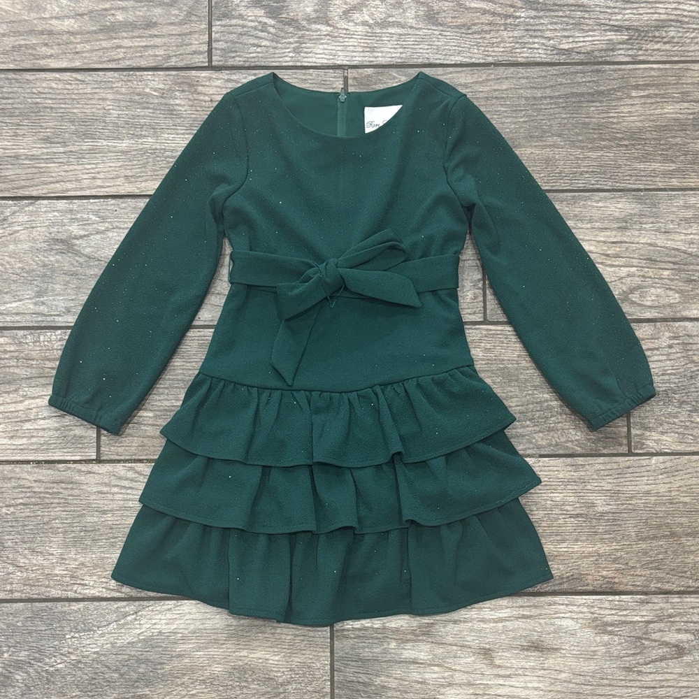 Girls Dark Green Long-Sleeve Ruffle Dress with Bow